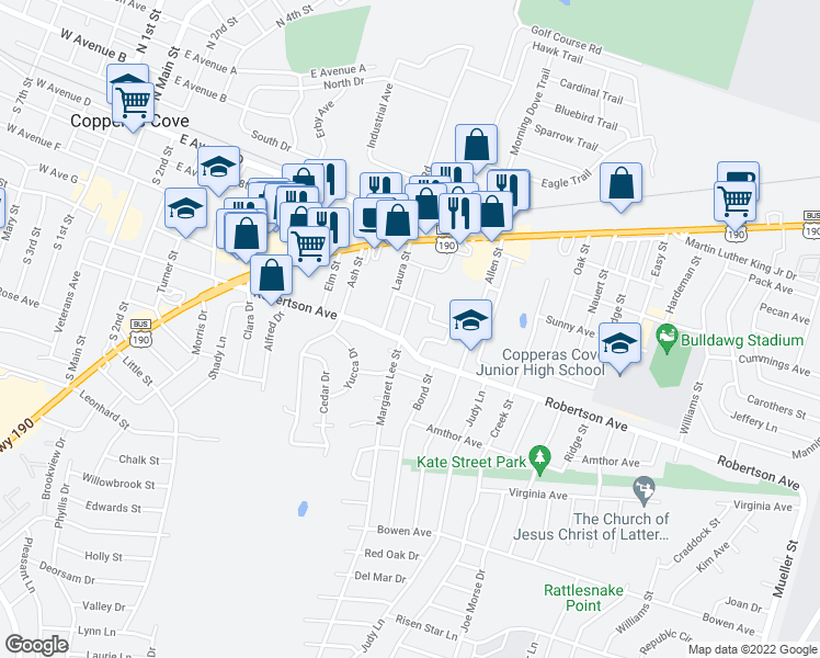 map of restaurants, bars, coffee shops, grocery stores, and more near 309 Margaret Lee Street in Copperas Cove