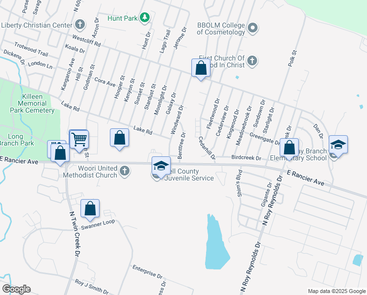 map of restaurants, bars, coffee shops, grocery stores, and more near 1702 Benttree Drive in Killeen