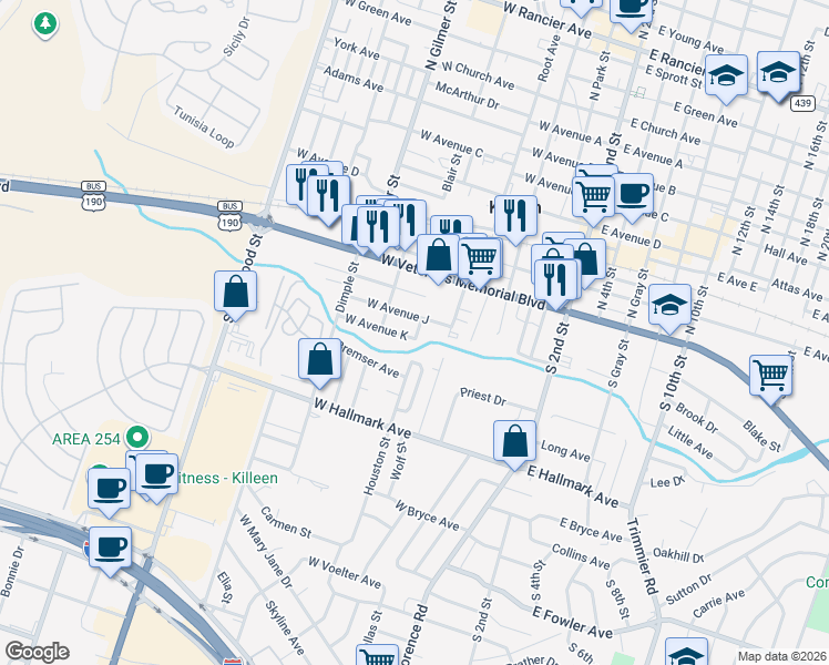 map of restaurants, bars, coffee shops, grocery stores, and more near 504 West Avenue J in Killeen