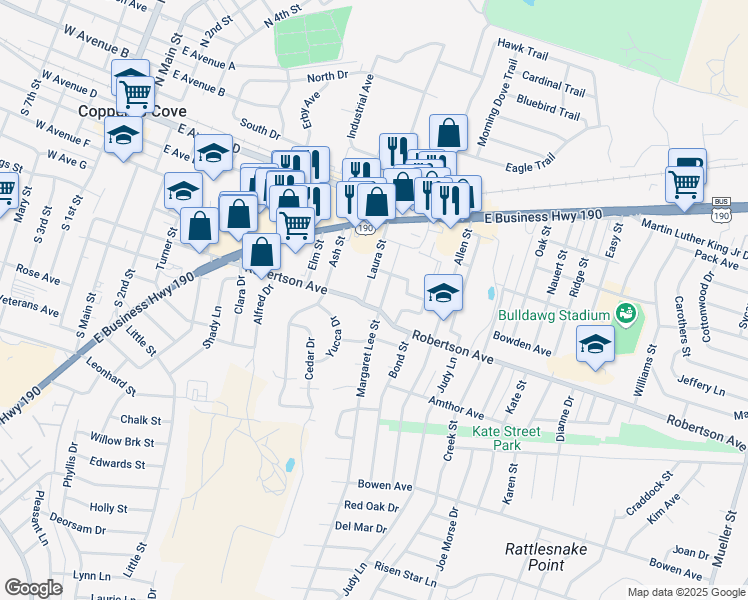 map of restaurants, bars, coffee shops, grocery stores, and more near 306 Laura Street in Copperas Cove