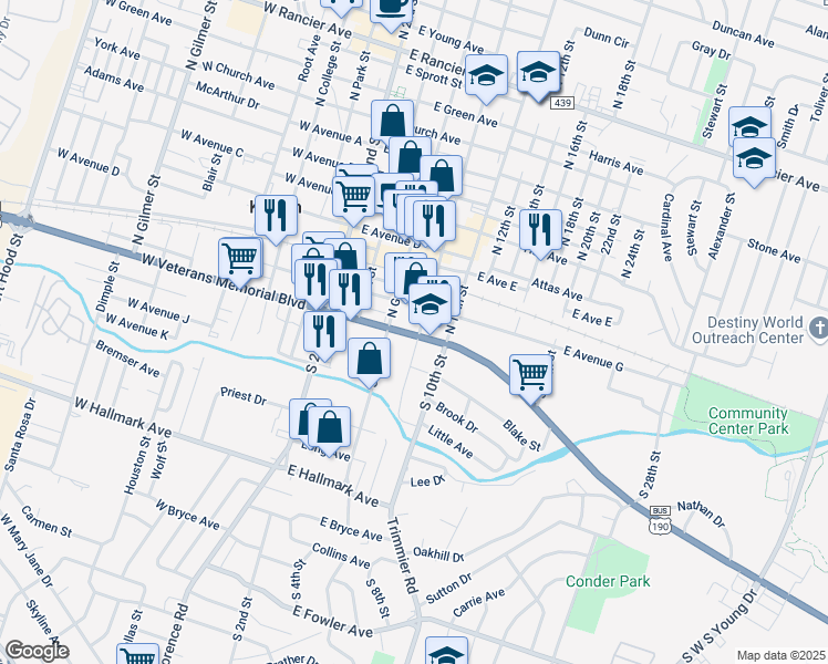 map of restaurants, bars, coffee shops, grocery stores, and more near in Killeen