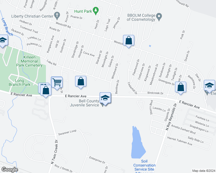 map of restaurants, bars, coffee shops, grocery stores, and more near 1601 Windward Drive in Killeen