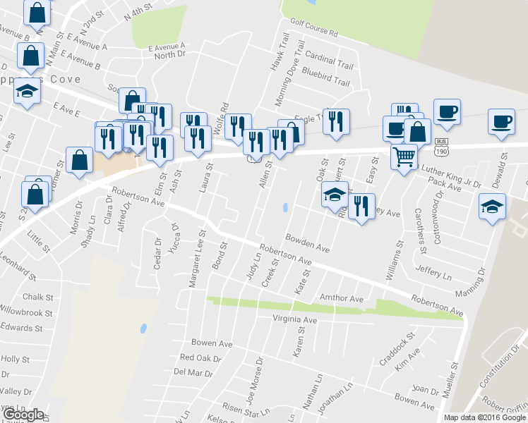 map of restaurants, bars, coffee shops, grocery stores, and more near 165 Judy Lane in Copperas Cove