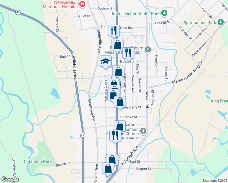 map of restaurants, bars, coffee shops, grocery stores, and more near 801 Douglas Avenue in Brewton