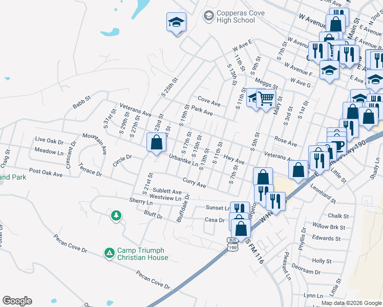map of restaurants, bars, coffee shops, grocery stores, and more near 1106 South 15th Street in Copperas Cove