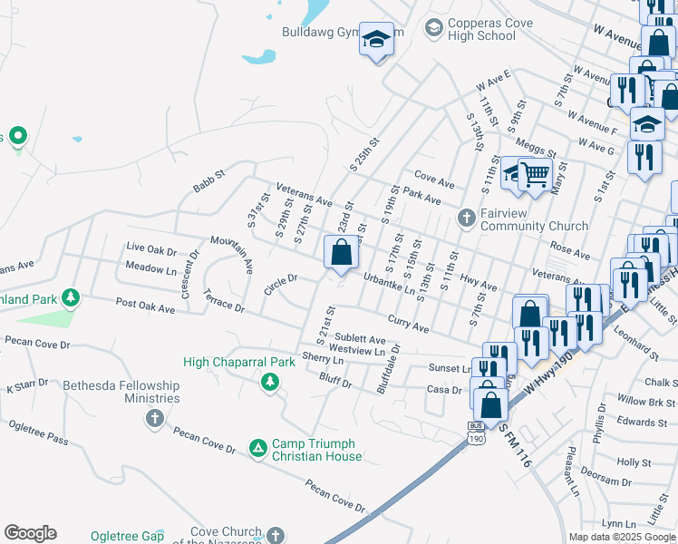 map of restaurants, bars, coffee shops, grocery stores, and more near 1202 Urbantke Court in Copperas Cove