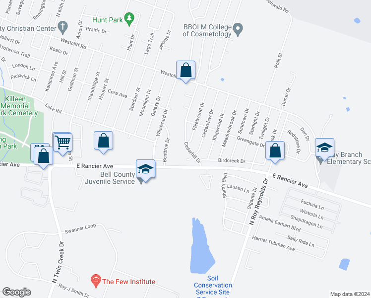 map of restaurants, bars, coffee shops, grocery stores, and more near 1706 Cedarhill Drive in Killeen