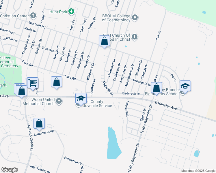map of restaurants, bars, coffee shops, grocery stores, and more near 1706 Cedarhill Drive in Killeen