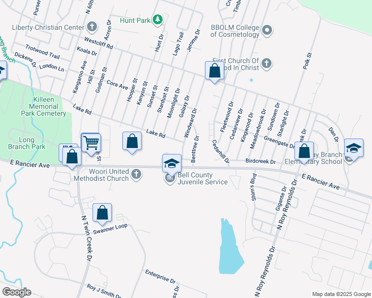 map of restaurants, bars, coffee shops, grocery stores, and more near 4818 Lake Road in Killeen