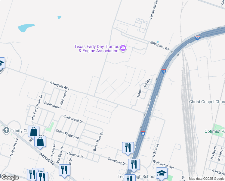 map of restaurants, bars, coffee shops, grocery stores, and more near 2420 West Nugent Avenue in Temple