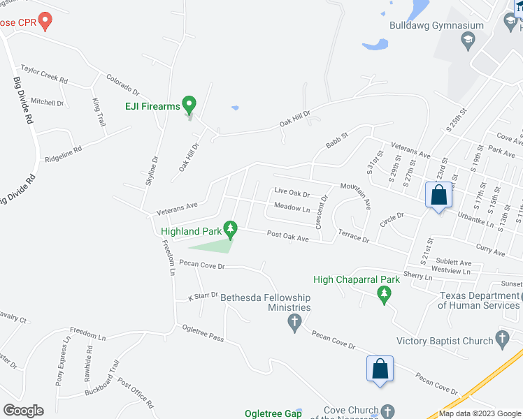map of restaurants, bars, coffee shops, grocery stores, and more near 2607 Live Oak Drive in Copperas Cove