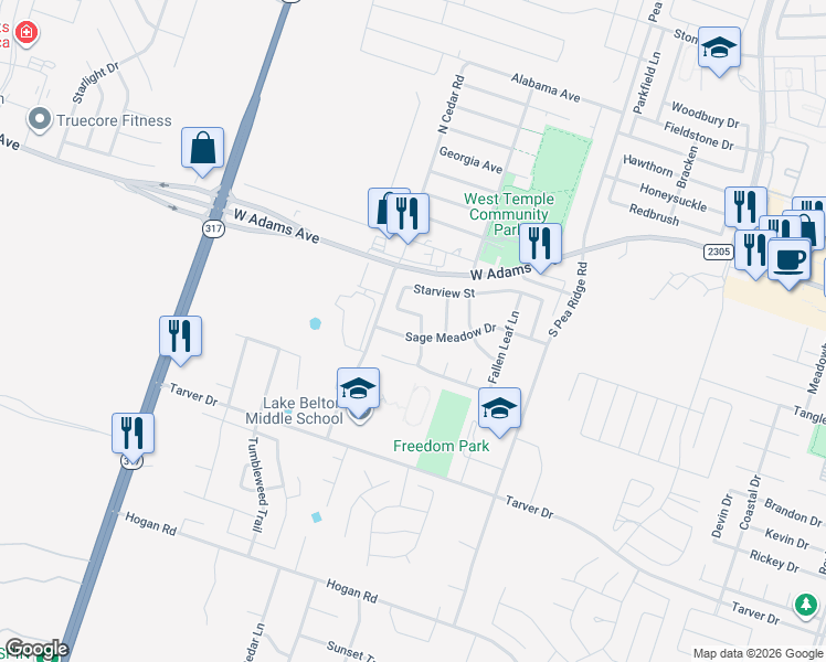 map of restaurants, bars, coffee shops, grocery stores, and more near 429 Starview Street in Temple