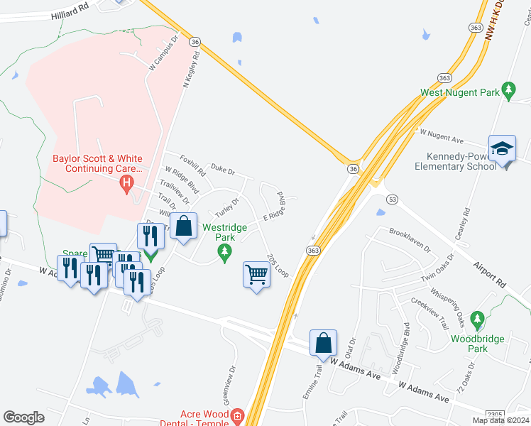 map of restaurants, bars, coffee shops, grocery stores, and more near 4809 Deep Drive in Temple