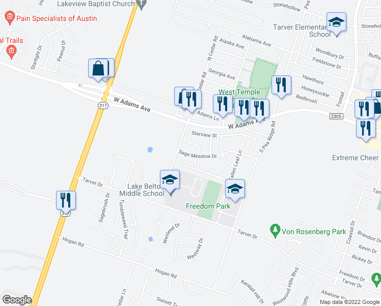 map of restaurants, bars, coffee shops, grocery stores, and more near 8704 Sage Meadows Drive in Temple