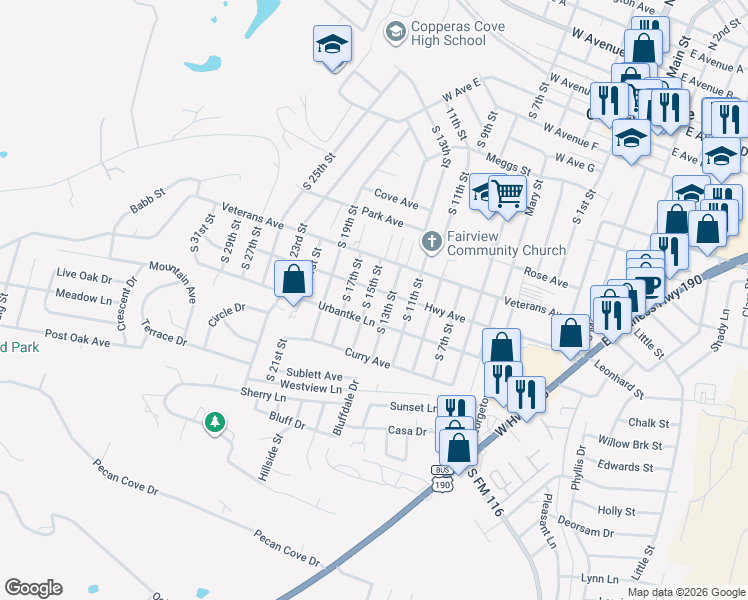 map of restaurants, bars, coffee shops, grocery stores, and more near 1010 South 13th Street in Copperas Cove