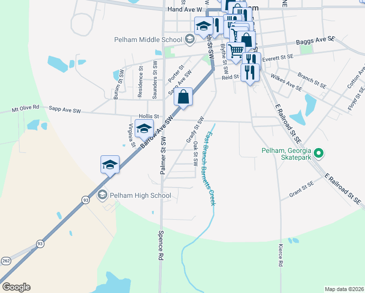 map of restaurants, bars, coffee shops, grocery stores, and more near 503 Grady Street Southwest in Pelham