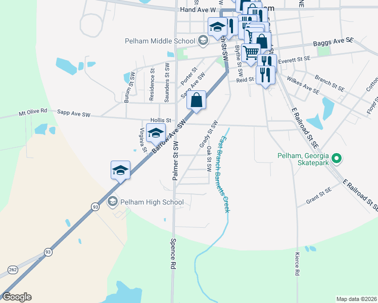 map of restaurants, bars, coffee shops, grocery stores, and more near 503 Grady Street Southwest in Pelham