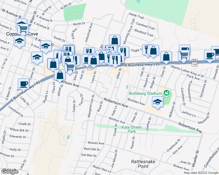 map of restaurants, bars, coffee shops, grocery stores, and more near 1211 Phil Avenue in Copperas Cove
