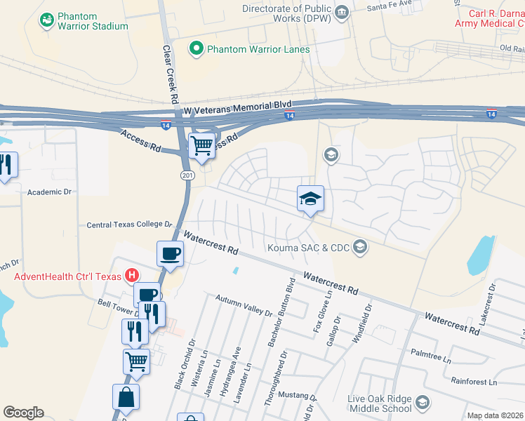 map of restaurants, bars, coffee shops, grocery stores, and more near Craig Drive in Fort Hood