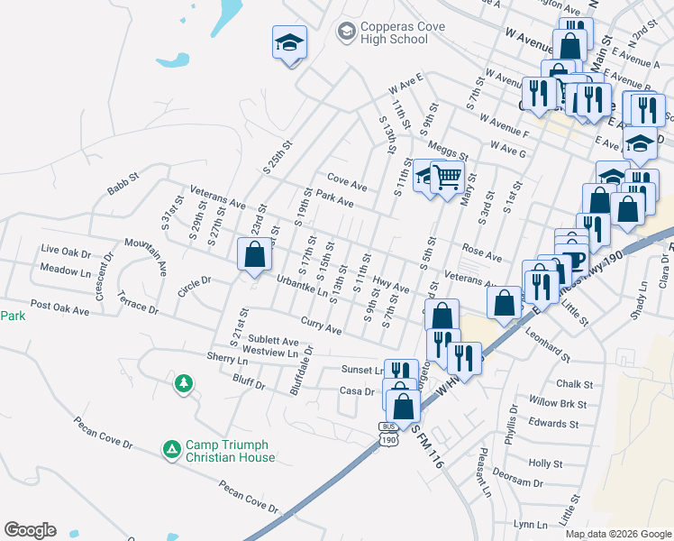 map of restaurants, bars, coffee shops, grocery stores, and more near 1010 South 13th Street in Copperas Cove