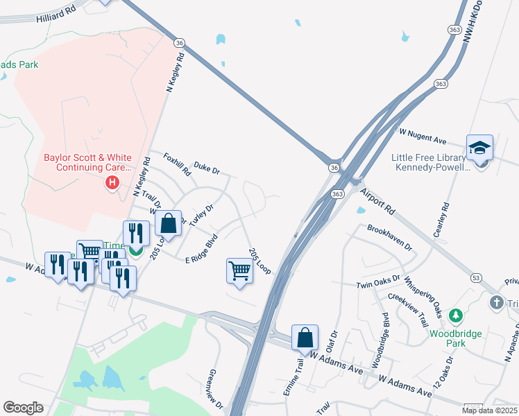map of restaurants, bars, coffee shops, grocery stores, and more near 716 East Ridge Boulevard in Temple