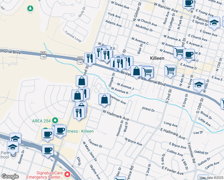 map of restaurants, bars, coffee shops, grocery stores, and more near 718 West Avenue K in Killeen
