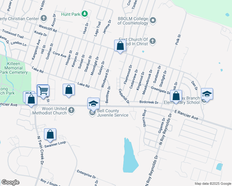 map of restaurants, bars, coffee shops, grocery stores, and more near 1706 Cedarhill Drive in Killeen