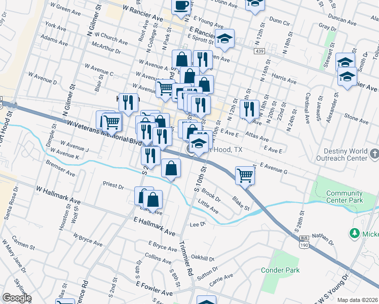 map of restaurants, bars, coffee shops, grocery stores, and more near 325 East Veterans Memorial Boulevard in Killeen