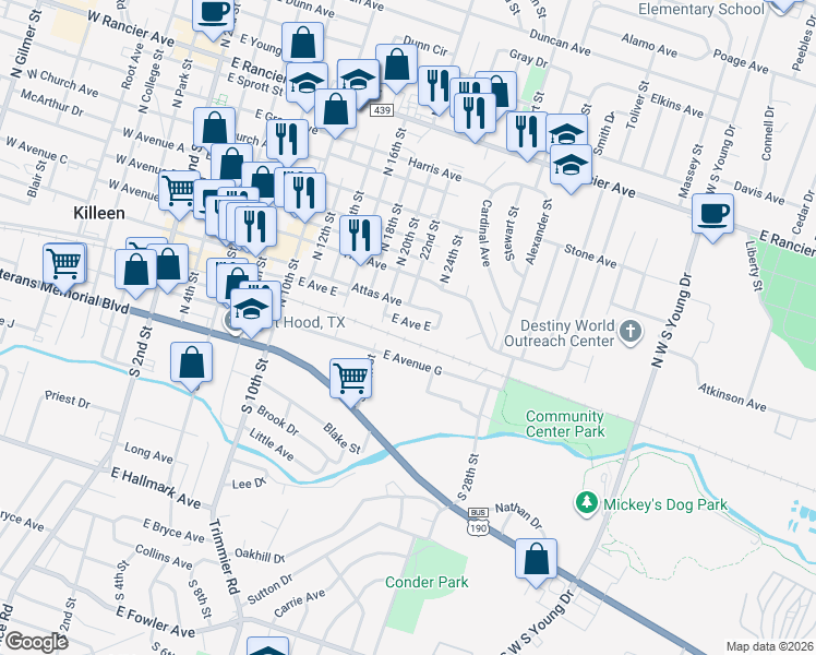 map of restaurants, bars, coffee shops, grocery stores, and more near 1201 East Avenue East in Killeen