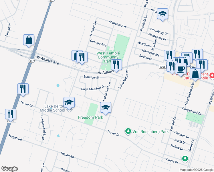 map of restaurants, bars, coffee shops, grocery stores, and more near 330 Fallen Leaf Lane in Temple