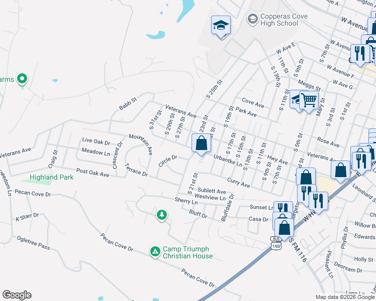 map of restaurants, bars, coffee shops, grocery stores, and more near 1201 South 23rd Street in Copperas Cove