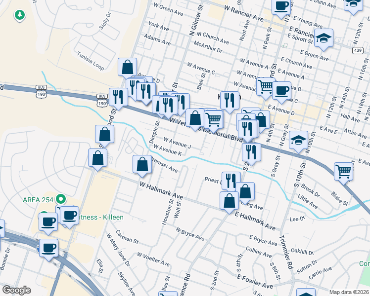 map of restaurants, bars, coffee shops, grocery stores, and more near 504 West Avenue J in Killeen