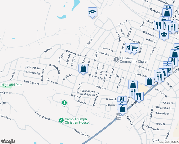 map of restaurants, bars, coffee shops, grocery stores, and more near 1108 South 19th Street in Copperas Cove
