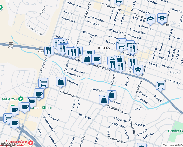 map of restaurants, bars, coffee shops, grocery stores, and more near 208 Wolf Street in Killeen