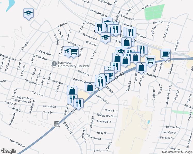 map of restaurants, bars, coffee shops, grocery stores, and more near 902 South Main Street in Copperas Cove