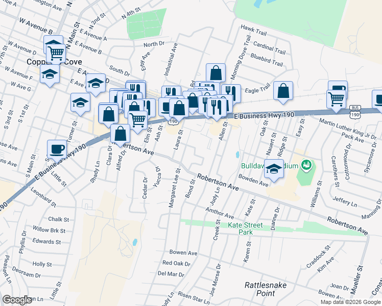 map of restaurants, bars, coffee shops, grocery stores, and more near 1206 Phil Avenue in Copperas Cove