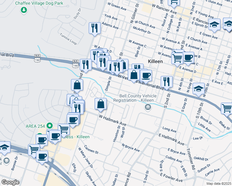 map of restaurants, bars, coffee shops, grocery stores, and more near 703 West Avenue K in Killeen