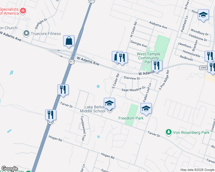 map of restaurants, bars, coffee shops, grocery stores, and more near 8737 Sage Meadow Drive in Temple