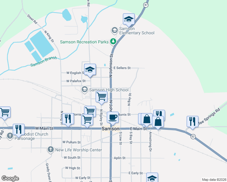 map of restaurants, bars, coffee shops, grocery stores, and more near 208-210 North Johnson Street in Samson