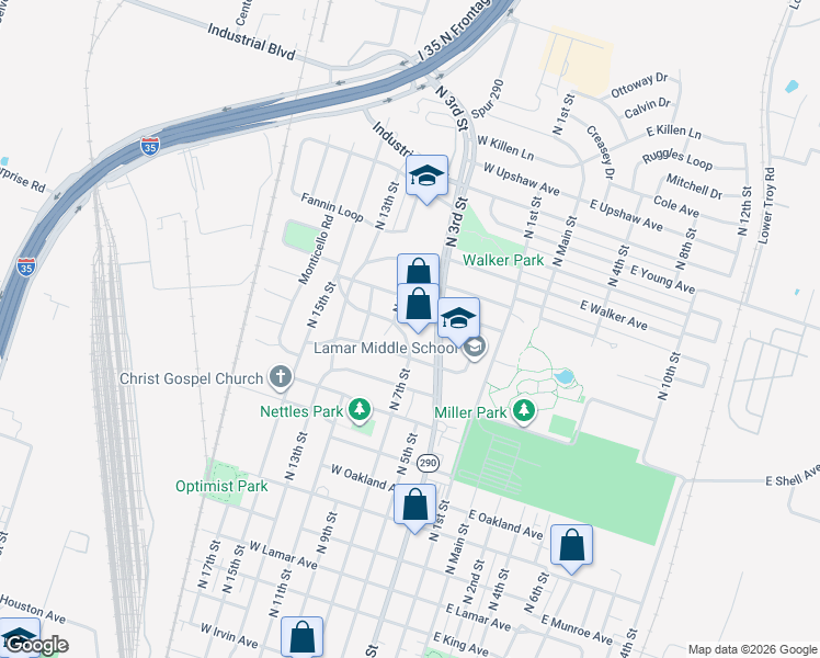 map of restaurants, bars, coffee shops, grocery stores, and more near 406 Mayborn Drive in Temple