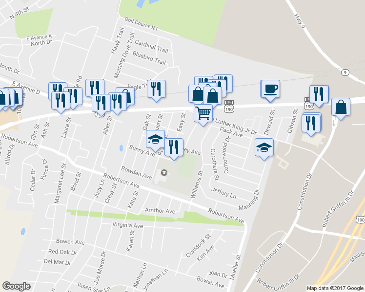 map of restaurants, bars, coffee shops, grocery stores, and more near 210 Hardeman Street in Copperas Cove