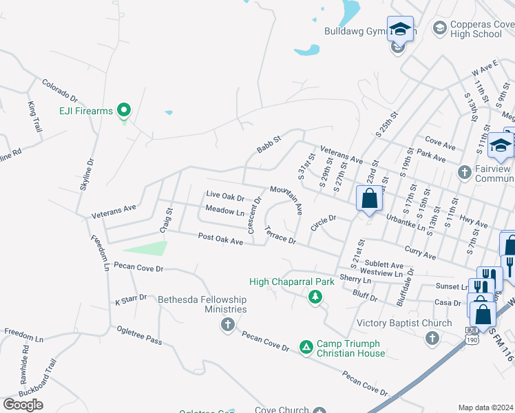 map of restaurants, bars, coffee shops, grocery stores, and more near 2305 Crescent Drive in Copperas Cove