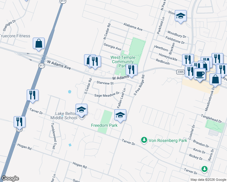 map of restaurants, bars, coffee shops, grocery stores, and more near 8507 Sunset Canyon Drive in Temple