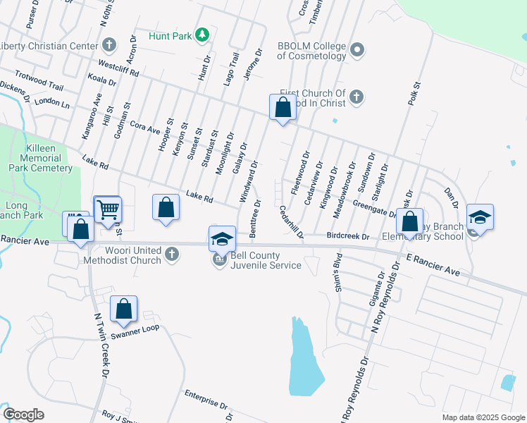 map of restaurants, bars, coffee shops, grocery stores, and more near 1702 Benttree Drive in Killeen