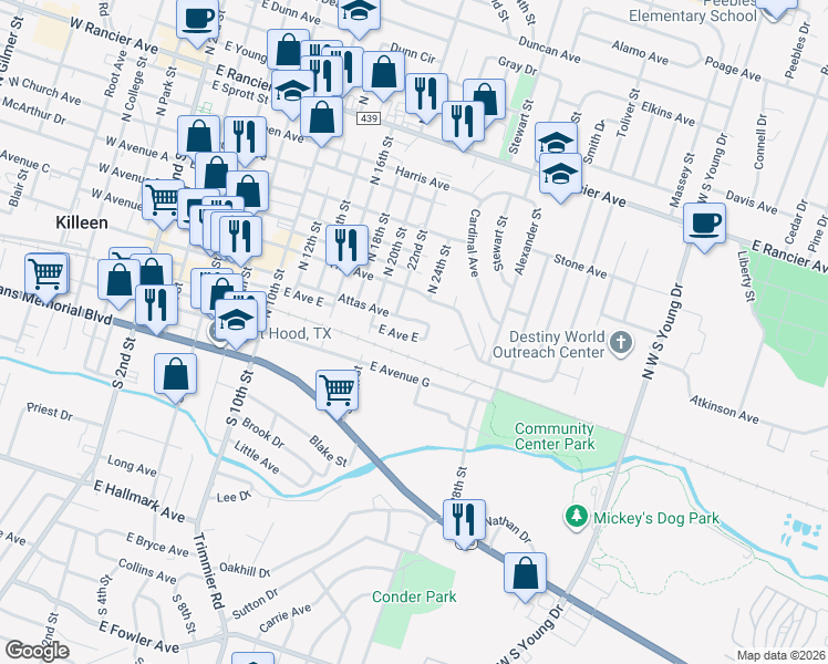 map of restaurants, bars, coffee shops, grocery stores, and more near 1201 East Avenue East in Killeen