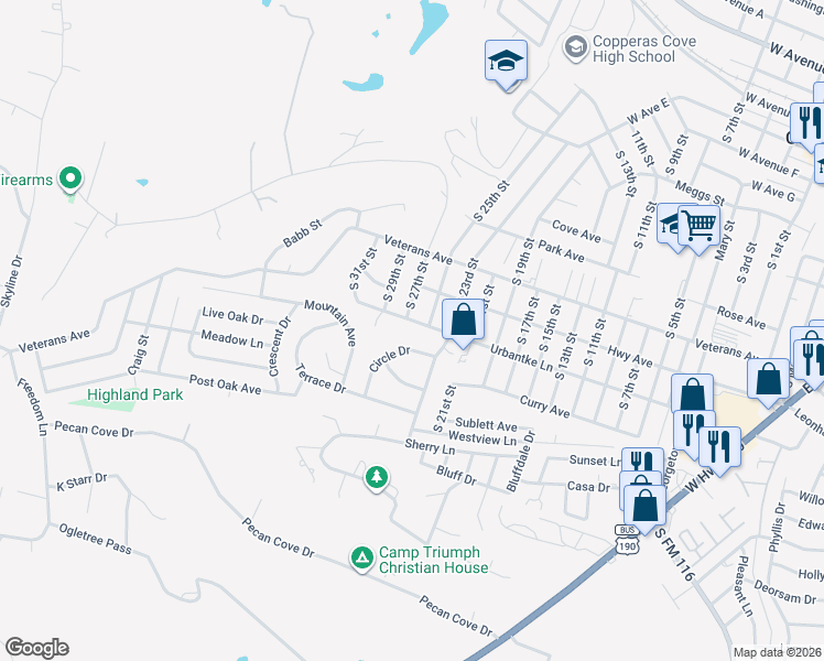 map of restaurants, bars, coffee shops, grocery stores, and more near 2107 Urbantke Lane in Copperas Cove