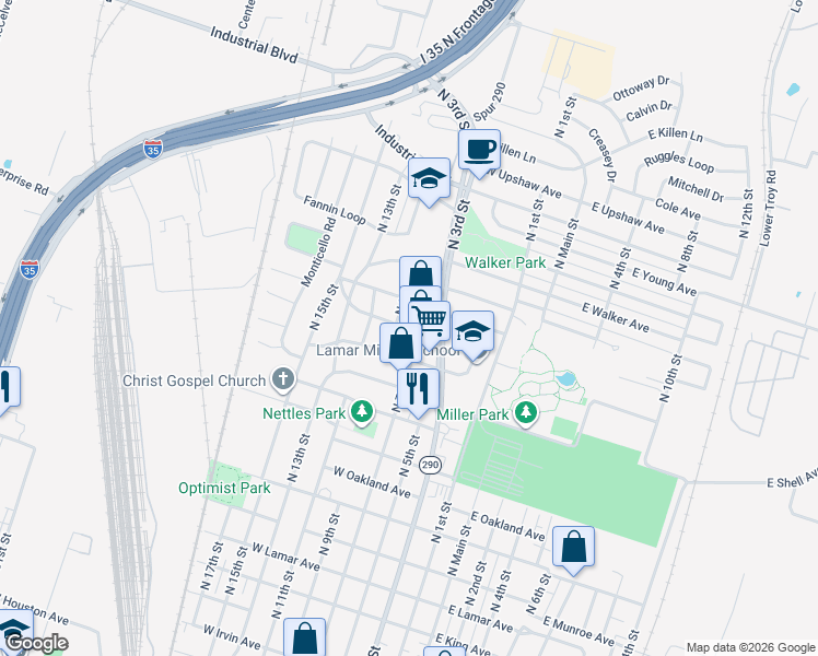 map of restaurants, bars, coffee shops, grocery stores, and more near 406 Mayborn Drive in Temple