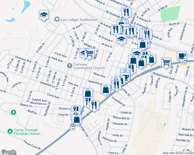 map of restaurants, bars, coffee shops, grocery stores, and more near 705 Veterans Avenue in Copperas Cove