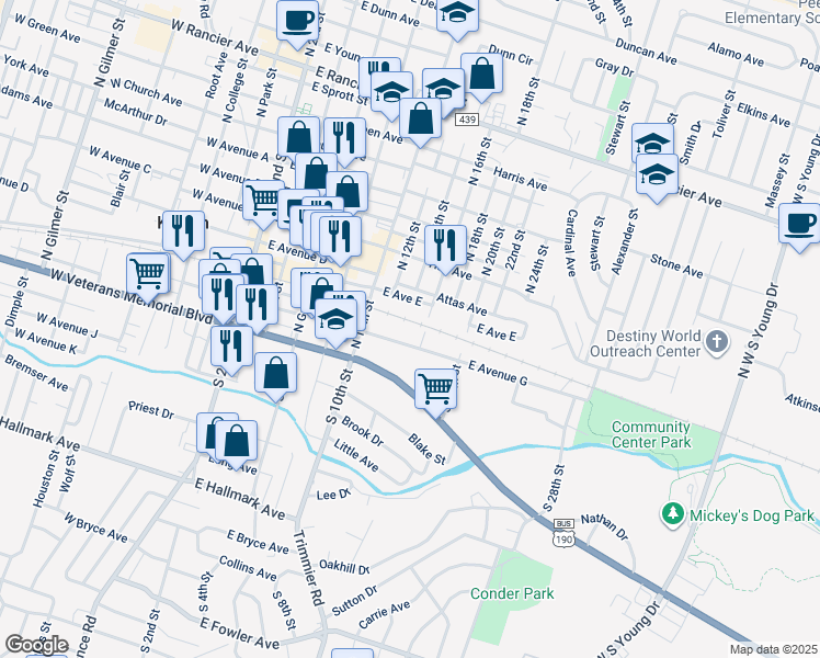 map of restaurants, bars, coffee shops, grocery stores, and more near in Killeen