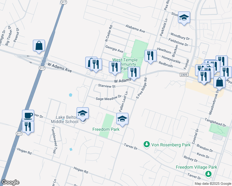 map of restaurants, bars, coffee shops, grocery stores, and more near 8510 Sunset Canyon Drive in Temple